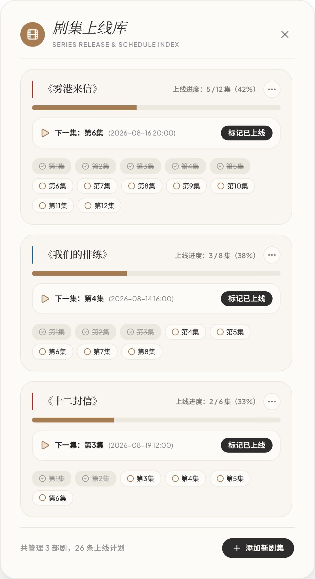 剧集上线库弹窗，展示剧集进度、下一集时间和逐集状态